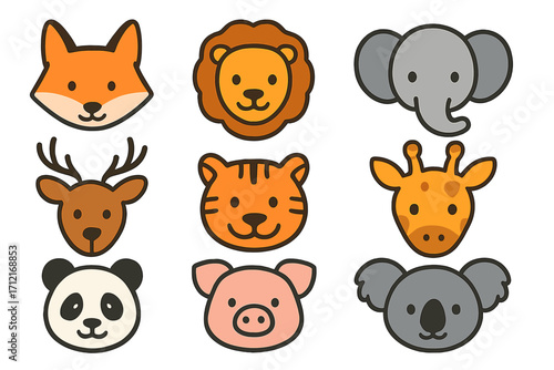 Colorful cartoon animal heads vector set. Minimalist playful wildlife faces collection including fox, lion, elephant, deer, tiger, giraffe, panda, pig, and koala. Transparent background design