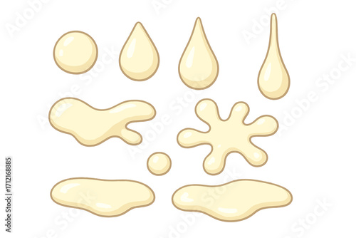 Creamy liquid drops and splashes set, smooth flowing cream droplets and splatters on white background, glossy cream blobs, liquid splash vector illustration, smooth texture droplets