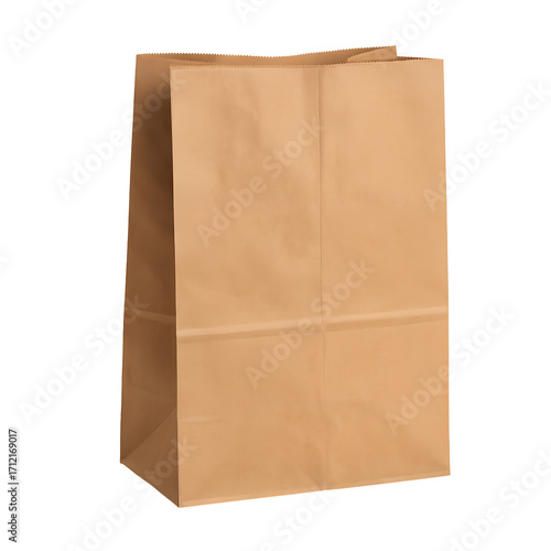 Brown paper grocery bag standing upright isolated on transparent background