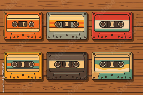 Vintage cassette tapes collection on wooden background, retro music media with colorful, nostalgic designs, classic audio cassettes, vector cartoon illustration art