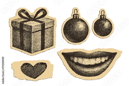 Vintage Christmas halftone collage elements set, torn out of magazine style torn paper stickers, New Year retro clipping paper with gift box, baubles, smiling mouth, heart shape
