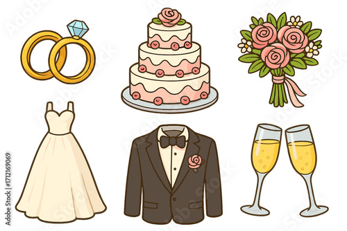 Wedding elements collection with gold rings, tiered cake with pink roses, bridal bouquet, elegant wedding dress, groom tuxedo, and champagne glasses for celebration, vector cartoon illustration