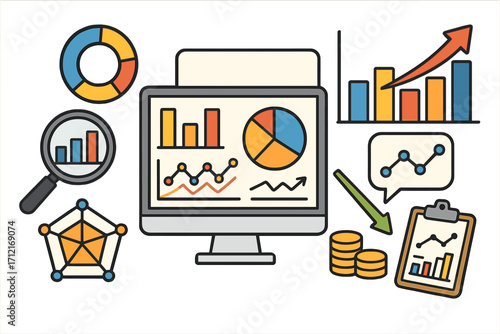 Visual representations of data analytics tools with charts and graphs for effective decision making, business analysis, financial growth, vector cartoon illustration