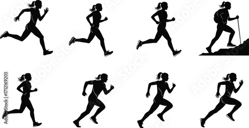 Wallpaper Mural Silhouette of woman running and hiking, female athlete jogging isolated, fitness exercise pose, outdoor adventure activity, healthy lifestyle concept Torontodigital.ca