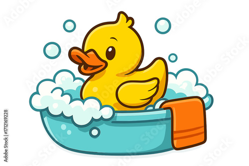 Yellow rubber duck in bathtub vector illustration. Cute cartoon toy duckling bathing in soap foam and bubbles. Concept for baby bath time, hygiene, cleanliness, fun, and childhood.