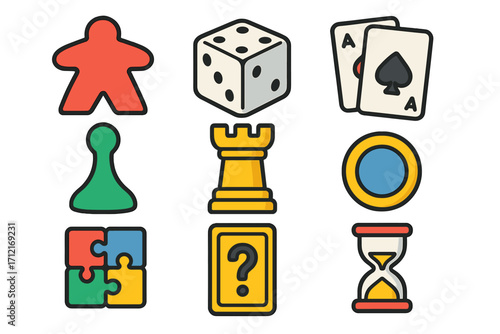 Board game icons collection. Vector symbol set for tabletop games. Meeple, dice, cards, pawn, chess, puzzle, token, hourglass for web, print and digital design.