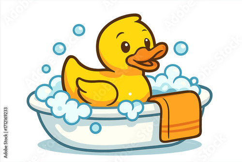 Rubber duck vector illustration. Cute yellow ducky toy in bathtub with soap foam and bubbles. Bathtime fun for kids. Concept of bathing, cleanliness, hygiene, childhood.