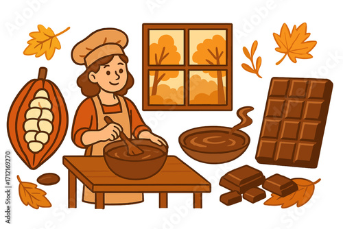 Chocolate making process from cacao bean to bar. Chocolatier or pastry chef at workshop. Confectionery, patisserie concept. Sweet dessert creation in autumn. Vector cartoon.