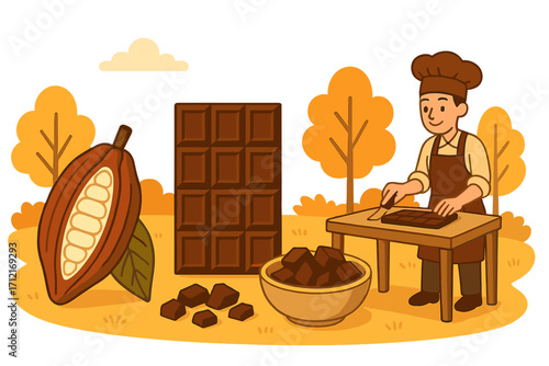 Chocolate making process from cacao bean to bar. Chocolatier confectioner at work in an autumn workshop. Cartoon vector illustration of sweet dessert creation with cocoa pod.