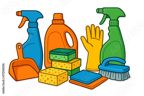 Cleaning supplies set for household chores. Housekeeping service concept with detergent, spray bottles, sponges, rubber glove, brush, dustpan. Domestic hygiene vector icon.