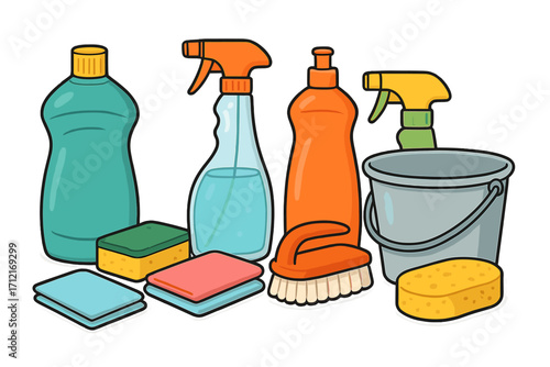 Household cleaning supplies cartoon icon set. Vector illustration of domestic products. Detergent, spray bottle, sponge, brush, bucket for spring cleaning and hygiene.