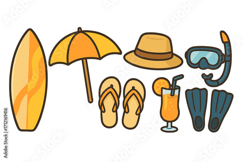 Beach vacation travel set. Summer holiday essentials. Surfboard, umbrella, flip-flops, hat, cocktail, snorkel, fins. Ocean sea relaxation sport icons. Vector flat cartoon design.