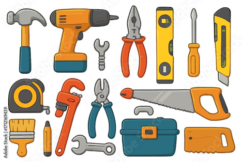 Colorful construction and woodworking tools set for home improvement and DIY repairs. Vector cartoon illustration of hammer, drill, saw, wrench, and screwdriver icons.