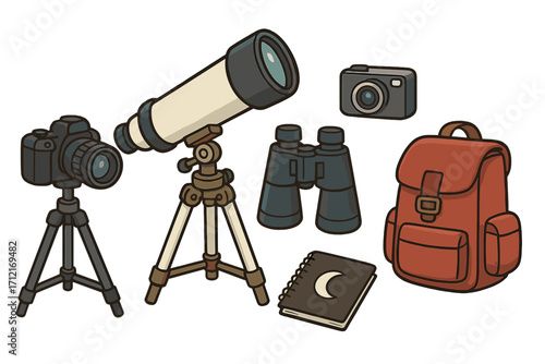 Astronomy and astrophotography equipment set for stargazing. Vector illustration of telescope, camera, tripod, and binoculars for celestial observation and exploration hobby.
