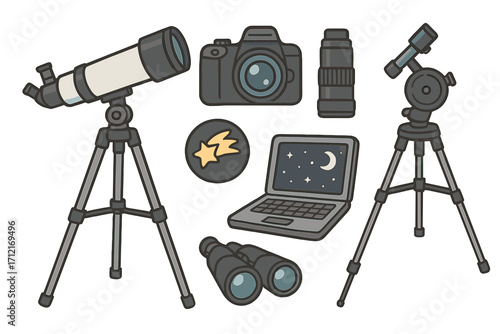 Astrophotography equipment and astronomy hobby icon set. Telescope, camera, and laptop for sky observation and stargazing. Universe exploration vector cartoon illustration.