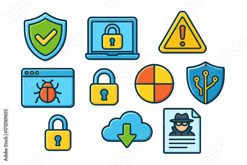 Cybersecurity icon set. Data protection, internet security concepts. Hacker attack, virus, malware warning signs. Network firewall, cloud computing, privacy lock symbols.