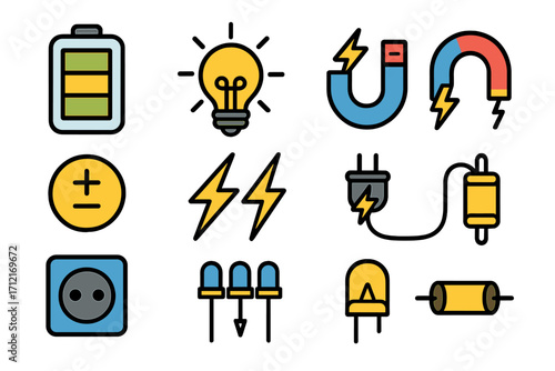 Electricity icon set. Energy and power symbols. Vector cartoon illustration of battery, lightbulb, magnet, lightning bolt, plug, and socket. Physics and electronics concepts.