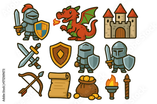 Medieval fantasy icon set. Cute cartoon knight, dragon, and castle vector elements. Adventure game assets for RPG. Middle ages fairytale collection with sword, shield, treasure.