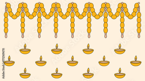 Decorative garland with yellow beads and lit oil lamps on a light beige background illustration
