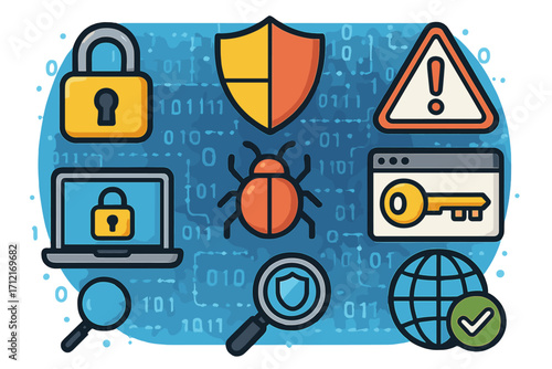 Cybersecurity icon set. Internet data protection, network security, and antivirus concept. Shield, lock, virus bug, hacker alert, and encryption key symbols. Vector cartoon.