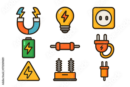 Electricity icon set. Power and energy symbols. Vector illustration. Electrical components like magnet, battery, plug, socket, light bulb, resistor, transformer. High voltage sign.