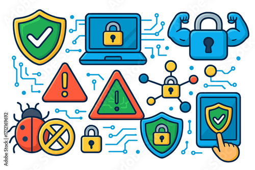 Cybersecurity icon set. Cartoon vector collection of internet security, data protection symbols. Shield, lock, virus bug, network firewall, and warning sign for online safety.