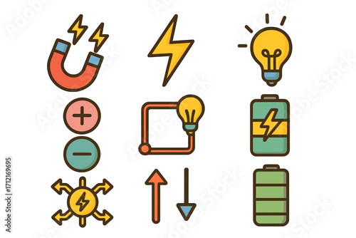 Electricity icon set with energy and power symbols. Vector collection of electrical concepts like magnetism, battery charge, lightbulb idea, and physics circuit illustration.