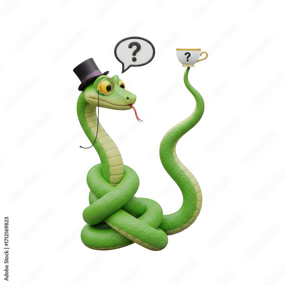 Naklejka premium Whimsical Serpent Pondering Tea Time Etiquette with Curiosity and Sophistication