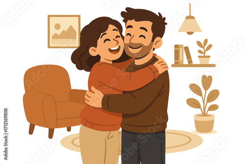 Happy couple hugging in cozy home. Man and woman in warm embrace. Love, relationship, and togetherness concept. Joyful moment of affection and support. Vector cartoon characters.