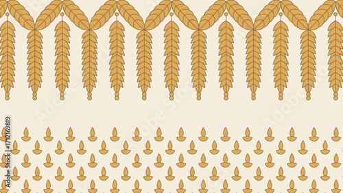 Golden leaf garland with small oil lamps pattern on a light background in a decorative arrangement