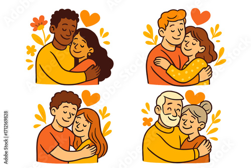 Set of diverse couples in love. Man and woman hugging. Multiethnic relationship. Young and senior people embracing. Affection and tenderness. Vector cartoon illustration.
