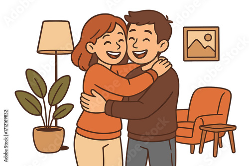 Couple in love sharing a warm hug. Happy man and woman embrace. Joyful relationship, togetherness, and affection concept. Vector cartoon characters in a cozy home setting.
