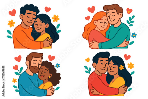 Diverse couples hugging collection. Man and woman in love. Vector cartoon characters for Valentine's day. People showing affection and care. Relationship and romance set.