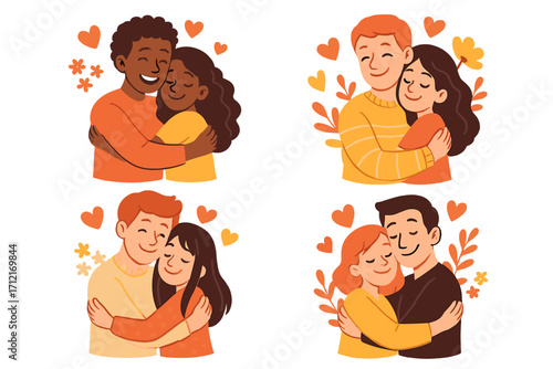 A diverse set of loving couples hugging. Happy people in warm embrace. Relationship, care, and affection concept. Cartoon vector illustration for Valentine's Day or romance.