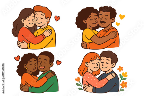 Set of diverse couples in love, hugging with affection. Cute cartoon vector illustration. Multicultural people in relationships showing romance, happiness, and togetherness.