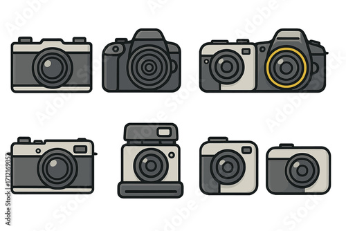 Collection of camera icons. Set of various photo cameras. Vector illustration for photography concept. Retro, vintage, modern, dslr, mirrorless designs. Minimal flat style.
