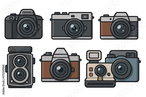 Set of camera icons. Collection of vintage, retro, and modern photo cameras. Vector illustration for photography hobby. DSLR, instant, and film camera equipment design.