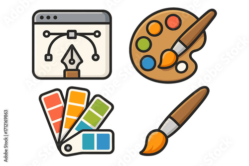 Graphic design icon set with vector pen tool, color swatch guide, artist paint palette and brush. Creative process tools for digital art, drawing, and illustration. Bezier curve.