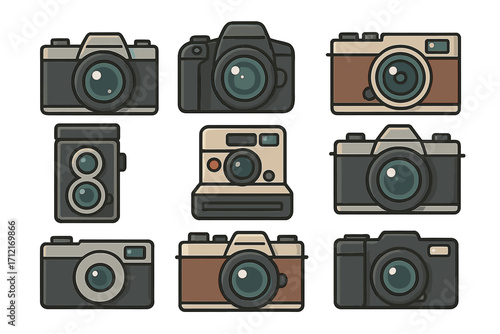 Set of retro and modern camera icons. Vector illustration collection of photography equipment symbols. Vintage, DSLR, and instant photo camera graphic design elements.