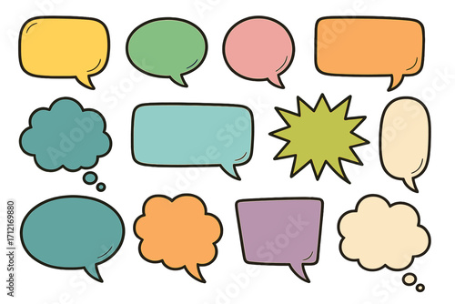Set of colorful speech bubbles and thought bubbles. Vector cartoon illustration for communication, messaging, and dialogue. Various shapes and styles for creative design concepts.