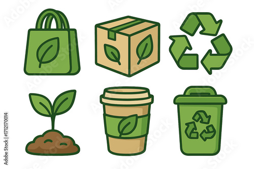 Eco friendly icon set for sustainability and green living. Vector icons for recycling, packaging, conservation. Reusable bag, coffee cup, eco box, sprout, zero waste concept.