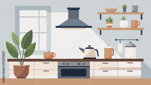 A sleek kitchen with clean lines and minimalistic white cabinets featuring a wooden ting board and a few small potted plants on the countertop. A tea kettle sits on the stove