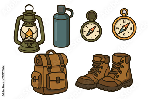 Set of essential camping gear and hiking equipment. Vector illustration of a lantern, water bottle, compass, backpack, and boots for outdoor adventure, travel, and tourism.