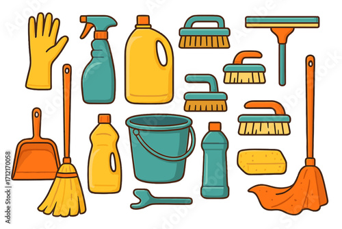 Cleaning service tools and supplies icon set. Household chores equipment for home maintenance. Vector cartoon icons of broom, mop, bucket, spray, sponge, brush, gloves.