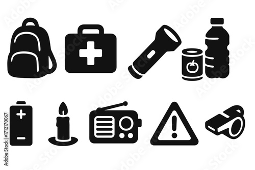 Essential emergency preparedness icon set. Survival kit for disaster. Vector silhouette of bug out bag contents: first aid, food, water, flashlight, radio, whistle, battery.