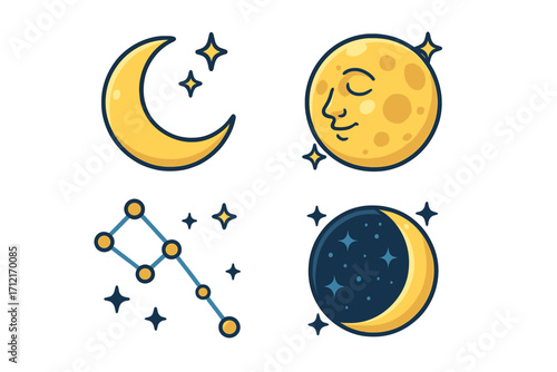 Celestial icon set with moon and stars. Vector cartoon collection of cosmic symbols like crescent moon, sleeping full moon, and Ursa Major constellation for astrology themes.