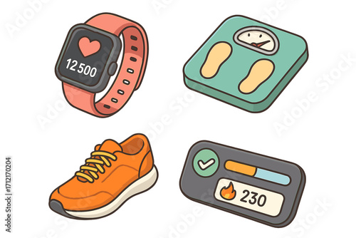 Fitness tracking cartoon icon set for health app. Isometric vector illustration of smartwatch, weight scale, running shoe, and calorie counter. Healthy lifestyle and workout concept.