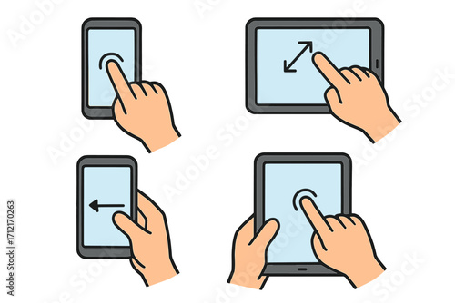 Touch screen hand gestures vector icon set. User interface guide for phone, tablet. Finger tap, swipe, pinch to zoom. Mobile app interaction, UI UX design elements.