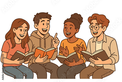 Happy diverse group of young students in a book club. People reading books together and discussing literature. Teamwork, learning, and education concept vector cartoon.