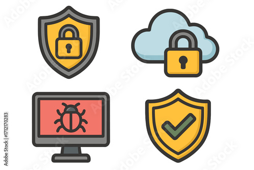 Cybersecurity vector icon set. Data protection technology concepts. Cloud computing security, malware detection on computer, antivirus shield with padlock and checkmark symbol.
